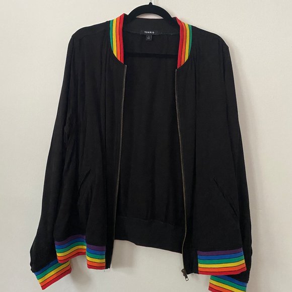 torrid Jackets & Blazers - TORRID - NWOT Black Bomber Jacket with Rainbow Stripe Details